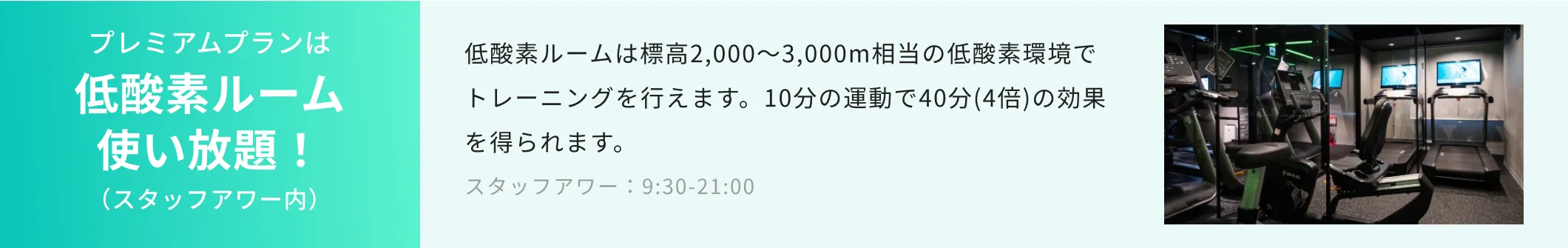 低酸素ルームは標高2,000〜3,000m相当の低酸素環境でトレーニングを行えます。10分の運動で40分(4倍)の効果を得られます。