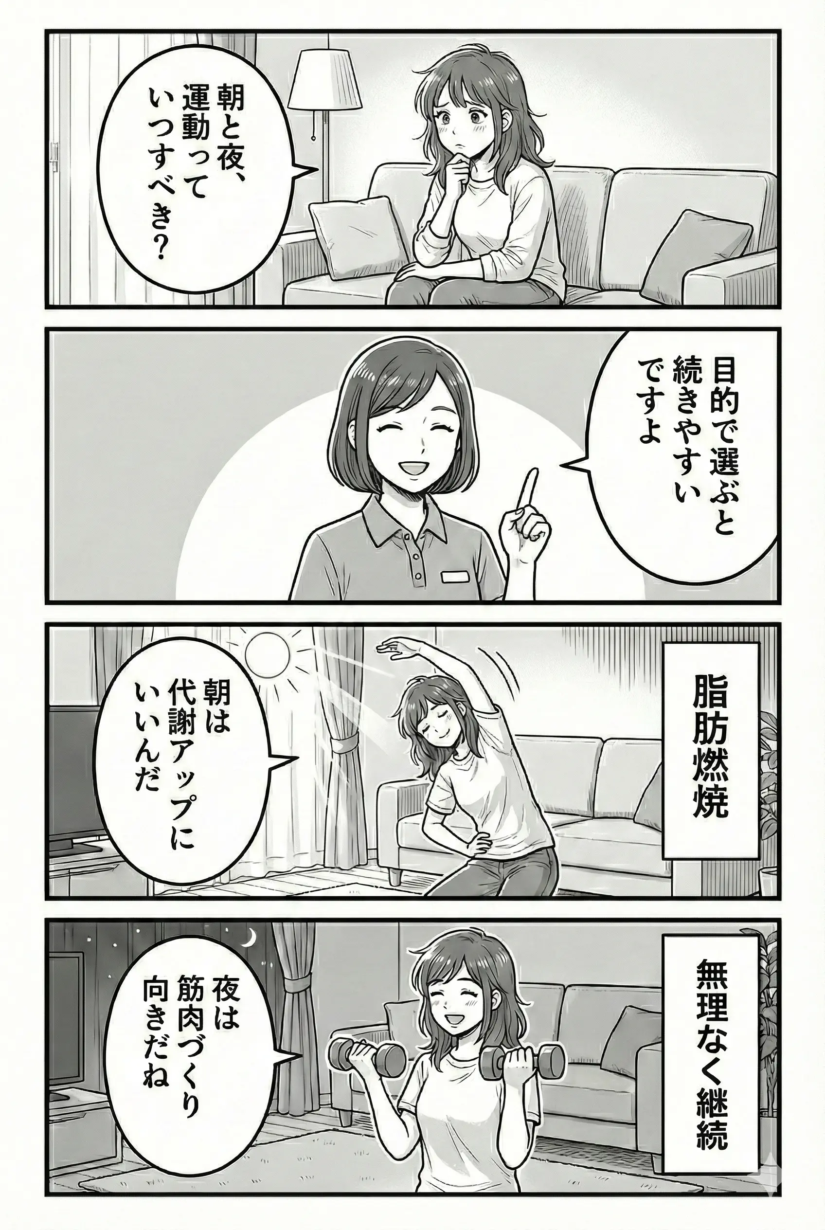 朝と夜筋トレはいつすべき-4コマ漫画