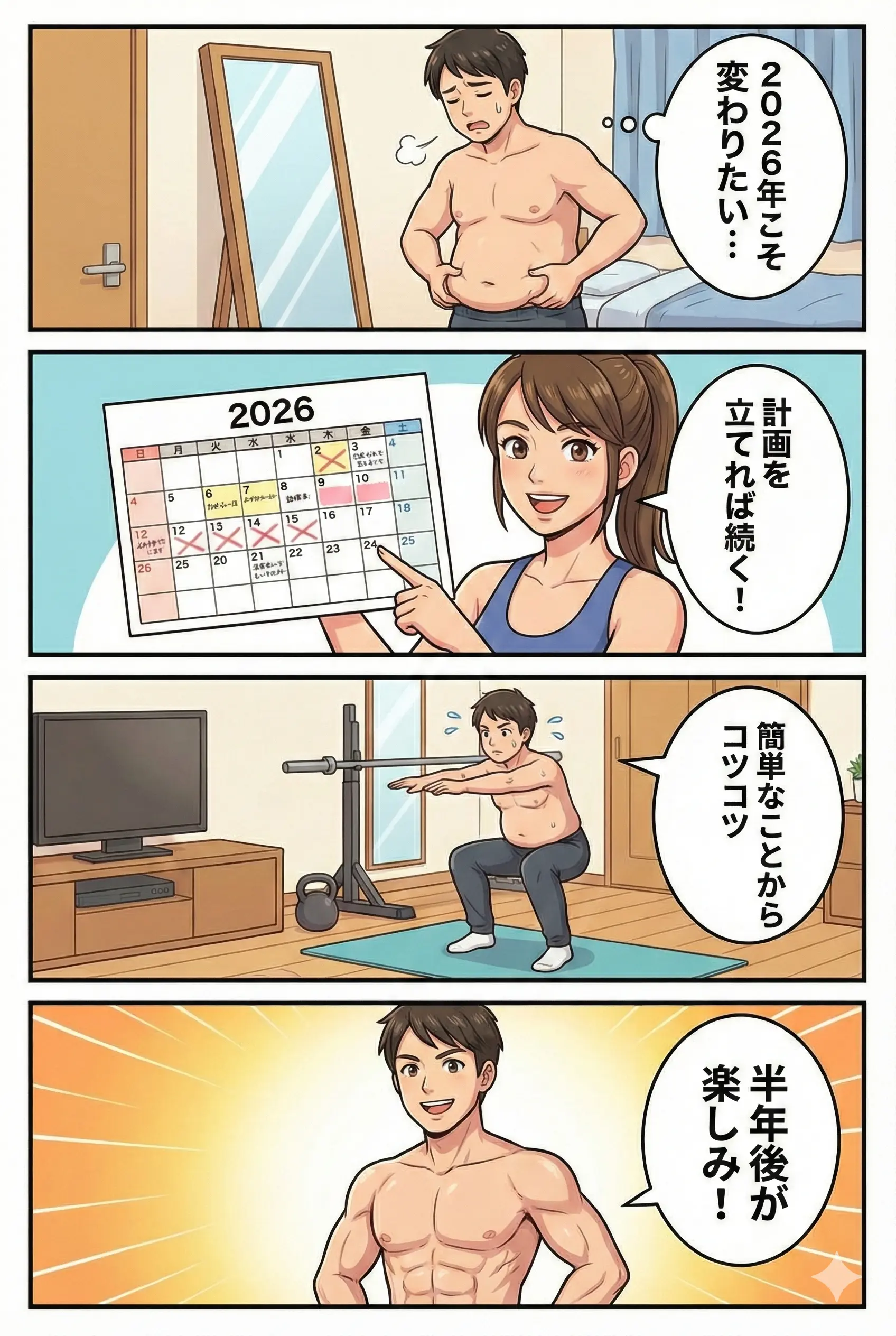 筋トレ6か月計画の4コマ漫画